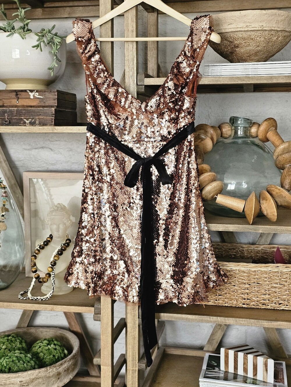 Free People Tribeca Bronze Sequined Tulle Mini Dress Sz 6 NWOT